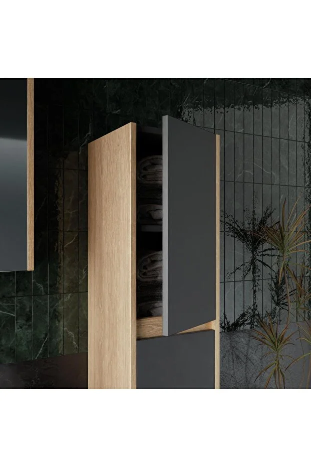 Dallas 80 Cm Lavabolu, Aynalı, Banyo Dolabı, Lavabo Dahil Boy Dolabı Dahil S.meşe-antrasit